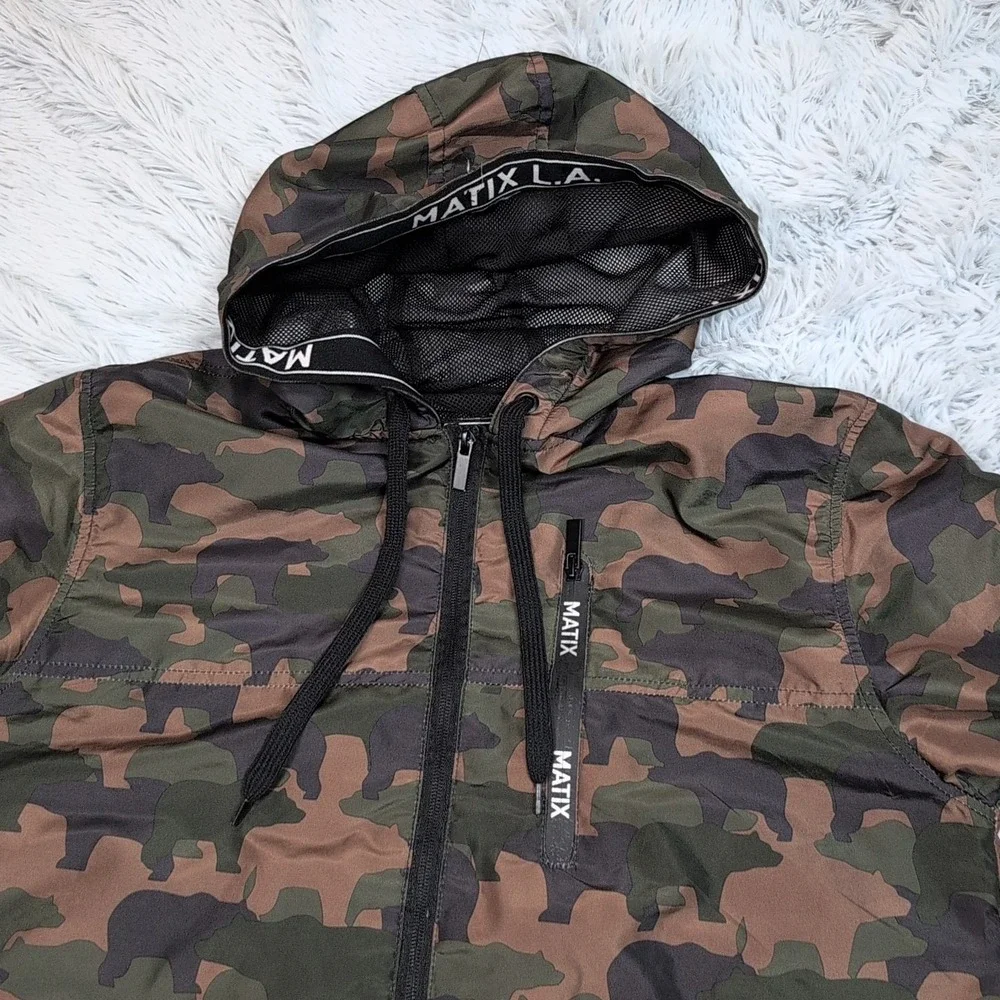 Matix Jacket Mens M Green Camo‎ Hood Windbreaker Zip Up Hunting Pockets Casual